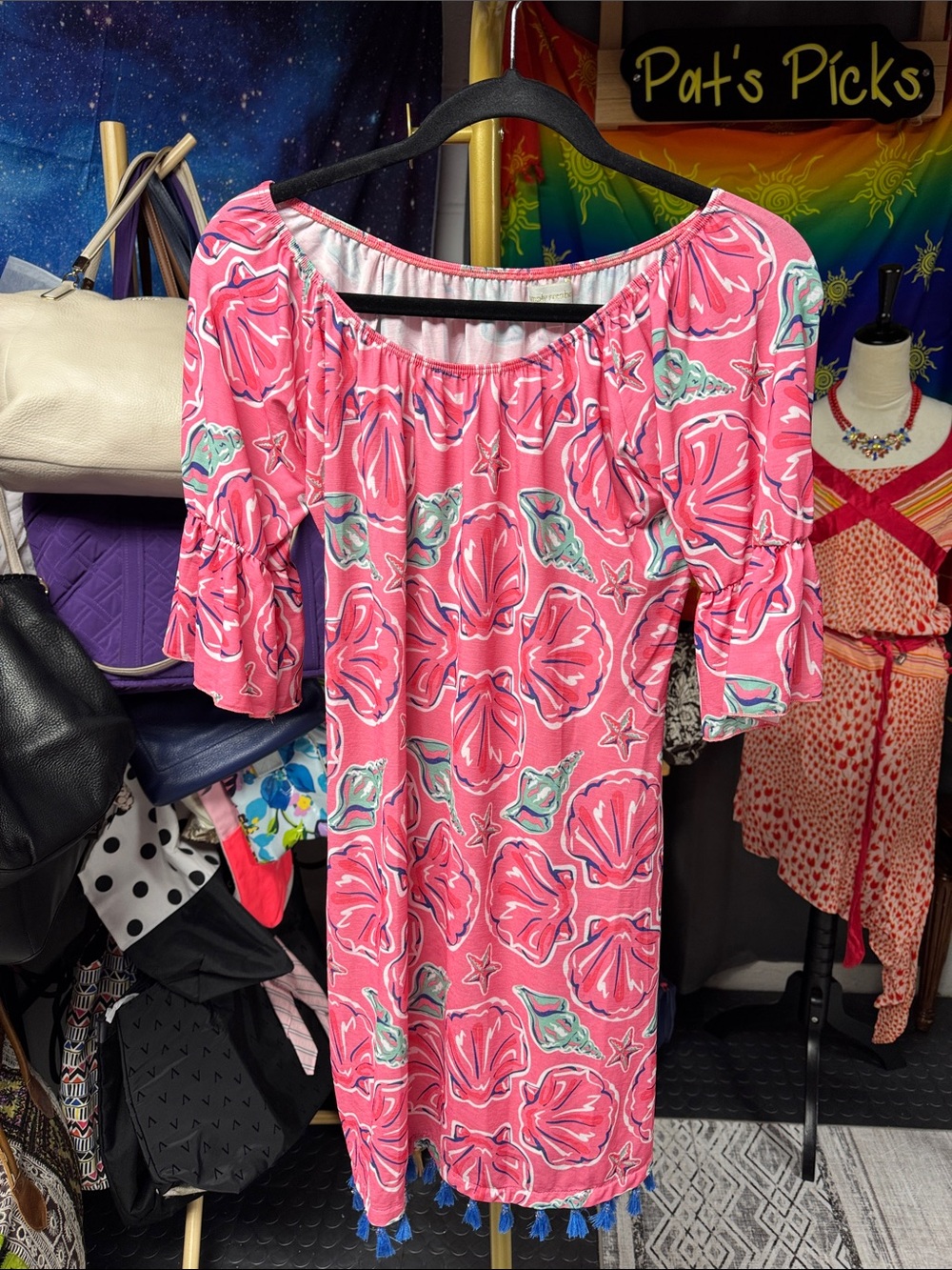 Simply Southern Pink Off-Shoulder Dress with Nautical Print